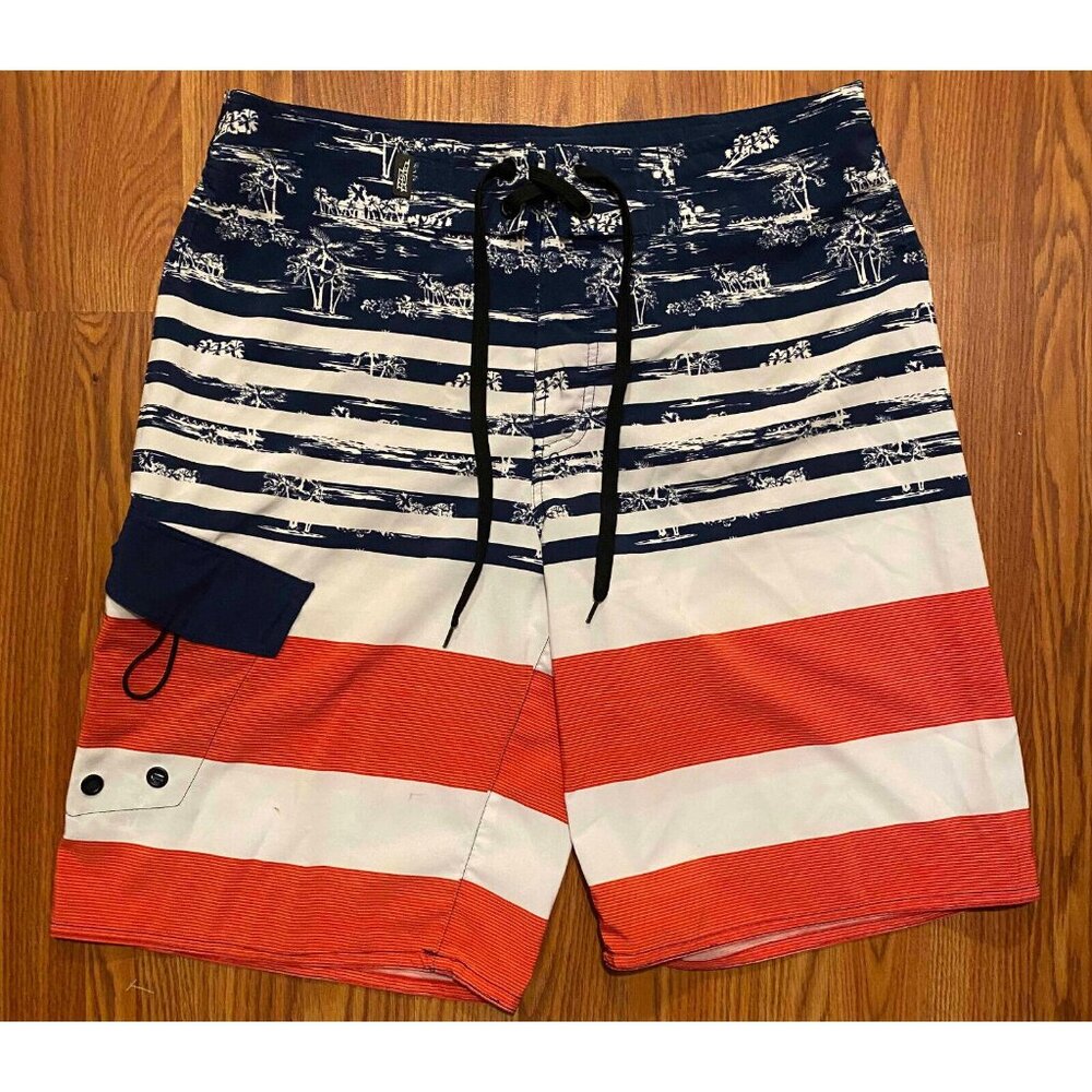 Vtg No Fear Board Shorts Mens 32 10" Red White Blue USA Flag Swim Trunks